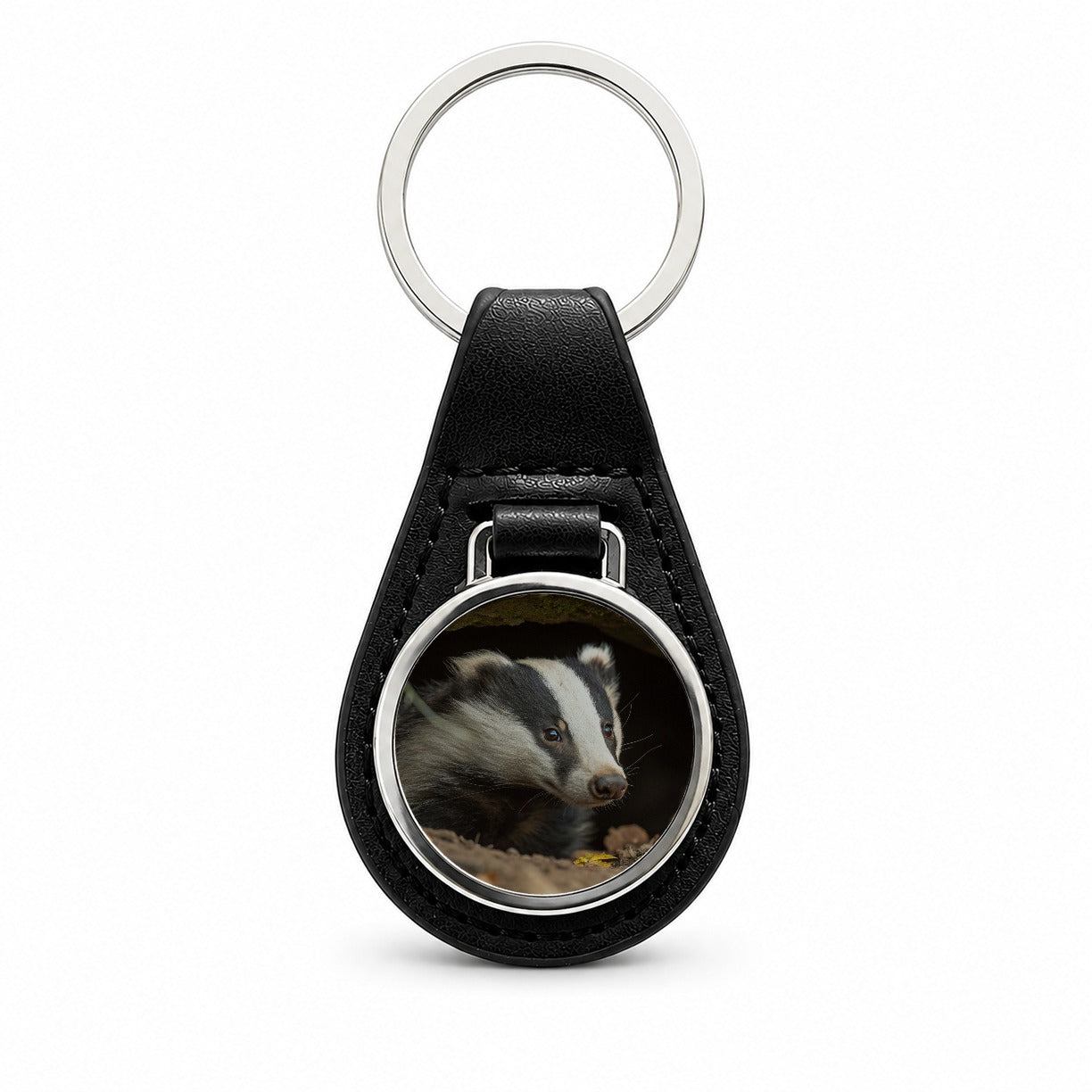 Curious Badger Wildlife Nature Black Leather Metal Keychain