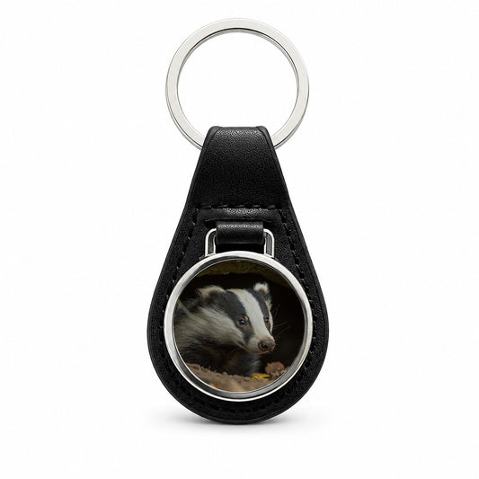Curious Badger Wildlife Nature Black Leather Metal Keychain