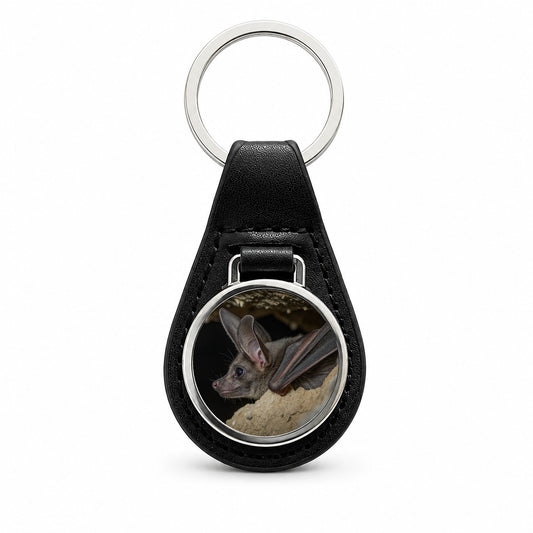 Curious Bat Cave Wildlife Black Leather Metal Keychain