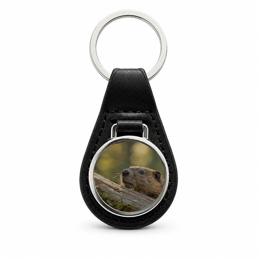 Curious Beaver Wildlife Nature Black Leather Metal Keychain