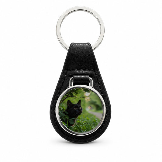 Curious Black Cat Nature Black Leather Metal Keychain