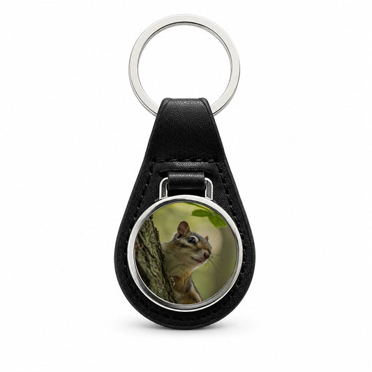 Curious Chipmunk Wildlife Nature Black Leather Metal Keychain