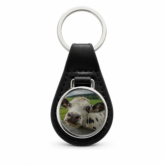 Curious Cow Farm Life Black Leather Metal Keychain