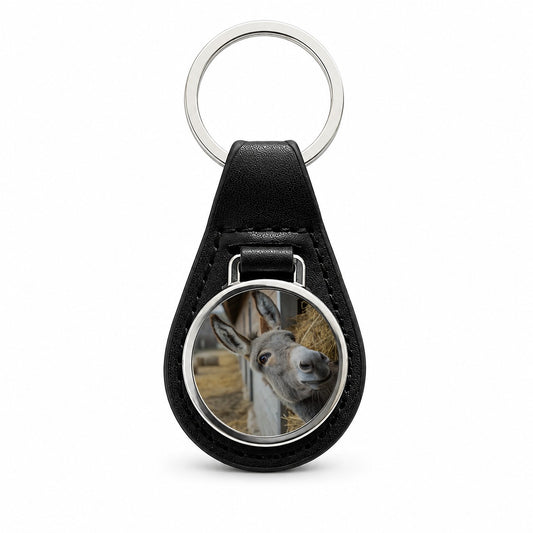 Curious Donkey Farm Life Black Leather Metal Keychain