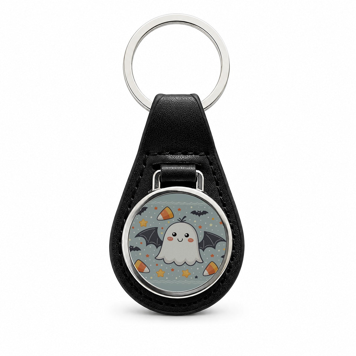 Cute Ghosts Bats Candy Corn Halloween Black Leather Metal Keychain