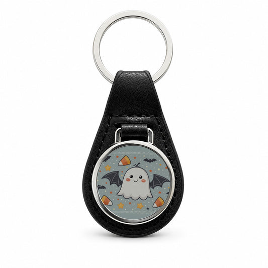 Cute Ghosts Bats Candy Corn Halloween Black Leather Metal Keychain