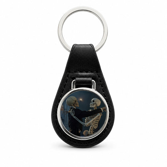 Dancing Skeleton Couple Halloween Black Leather Metal Keychain