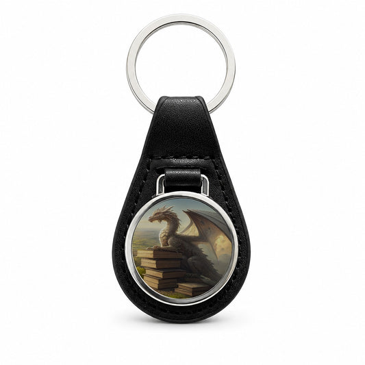 Dragon Books Reading Mountaintop Black Leather Metal Keychain