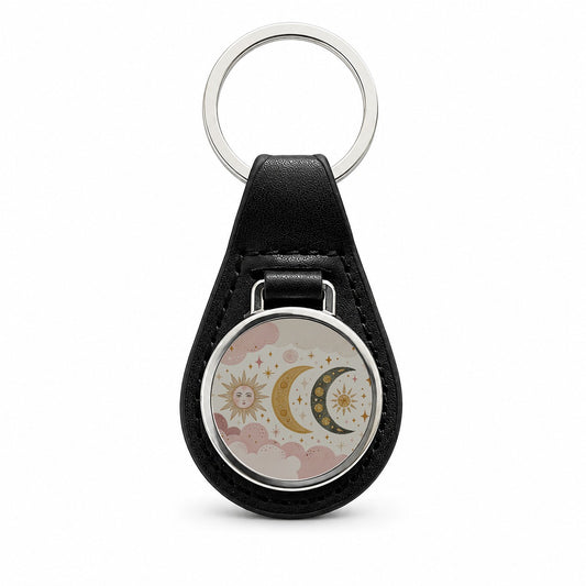 Dreamy Moon and Stars Black Leather Metal Keychain