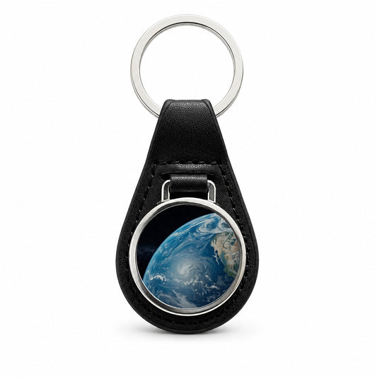 Earth from Space Black Leather Metal Keychain