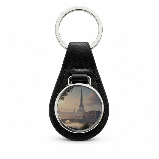 Eiffel Tower Paris France Morning Black Leather Metal Keychain