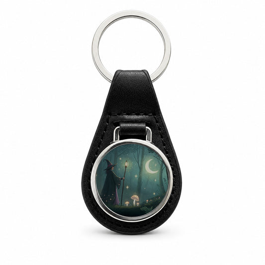 Enchanted Forest Witch Scene Black Leather Metal Keychain