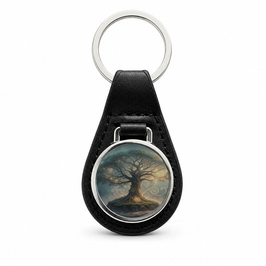 Enchanted Tree Of Life Black Leather Metal Keychain