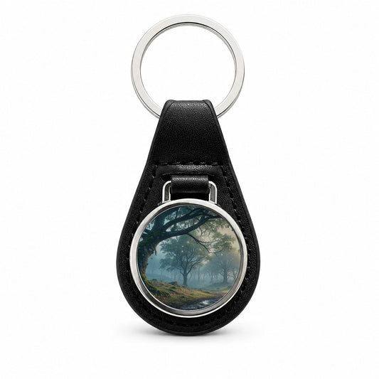 Enchanted Woodland Forest Landscape Black Leather Metal Keychain