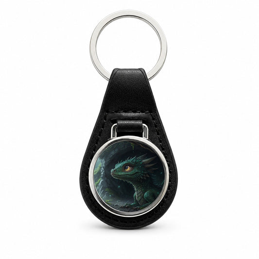 Fantasy Dragon Cave Scene Black Leather Metal Keychain