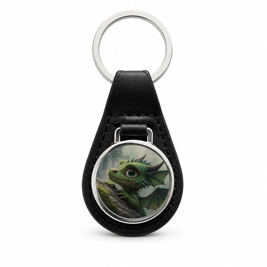 Fantasy Dragon Forest Scene Black Leather Metal Keychain