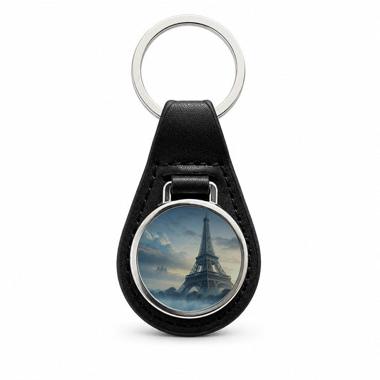 Foggy Eiffel Tower Paris Black Leather Metal Keychain