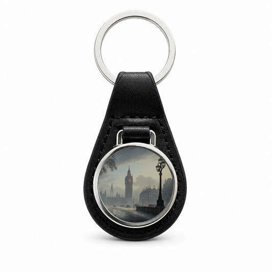 Foggy London England Cityscape Black Leather Metal Keychain