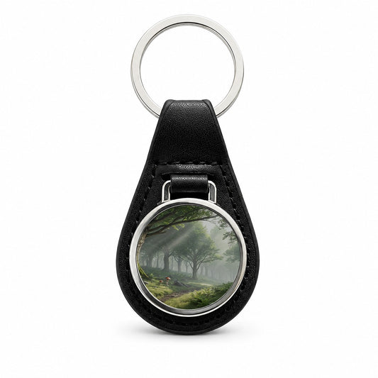 Foggy Woodland Forest Landscape Black Leather Metal Keychain