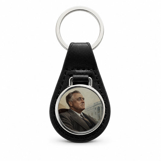 Franklin D Roosevelt American President Black Leather Metal Keychain