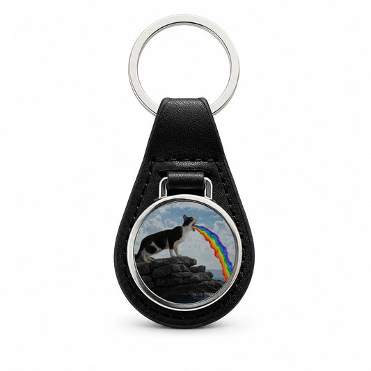 Funny Cat Rainbow Vomit Black Leather Metal Keychain