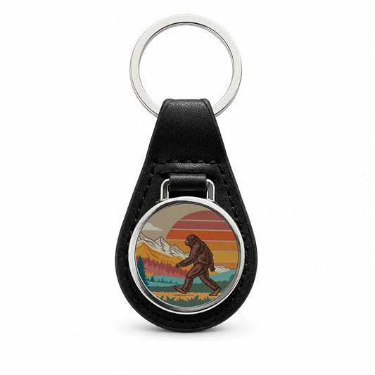 Funny Retro Sasquatch Bigfoot Walking Black Leather Metal Keychain