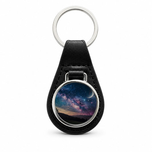 Galaxy Night Sky Crescent Moon Black Leather Metal Keychain