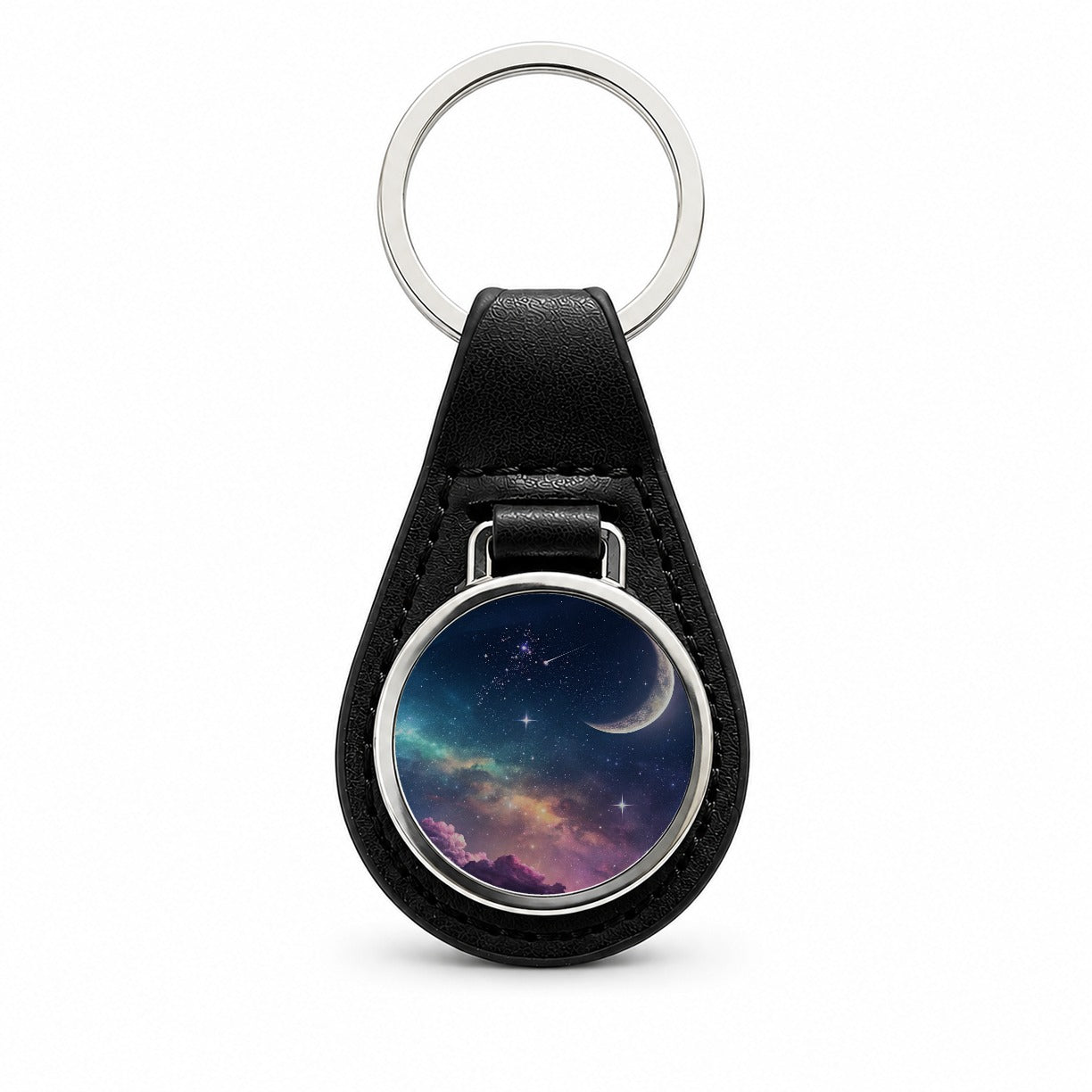 Galaxy Night Sky Moon Black Leather Metal Keychain