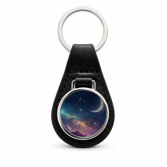 Galaxy Night Sky Moon Black Leather Metal Keychain