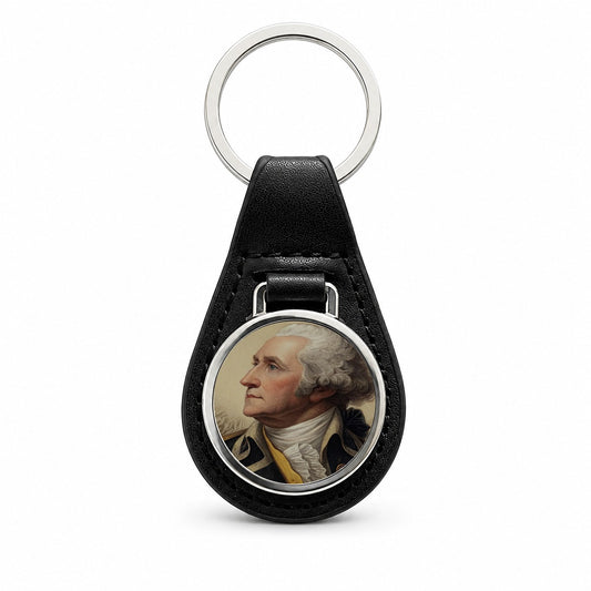George Washington First President Black Leather Metal Keychain