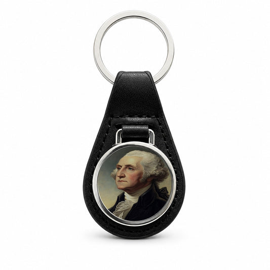 George Washington Founding Father Black Leather Metal Keychain