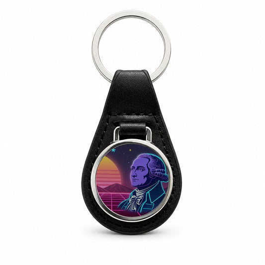 George Washington Synthwave Art Black Leather Metal Keychain