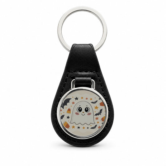 Halloween Ghost Candy Corn Pattern Black Leather Metal Keychain