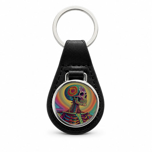 Halloween Psychedelic Skeleton Black Leather Metal Keychain