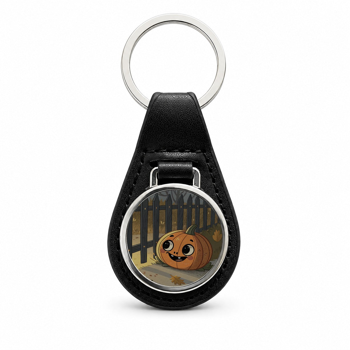 Halloween Pumpkin Jack O Lantern Fence Black Leather Metal Keychain