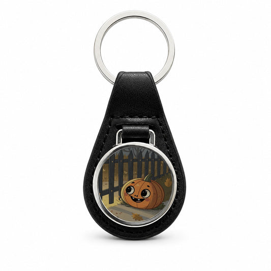 Halloween Pumpkin Jack O Lantern Fence Black Leather Metal Keychain