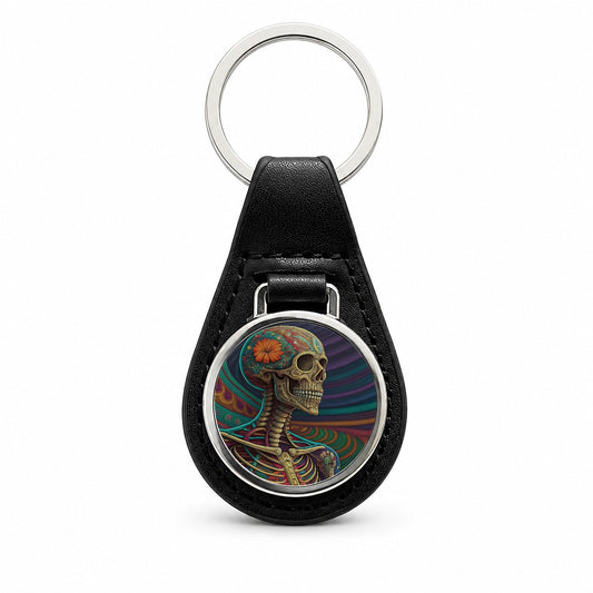 Halloween Rainbow Skeleton Psychedelic Black Leather Metal Keychain