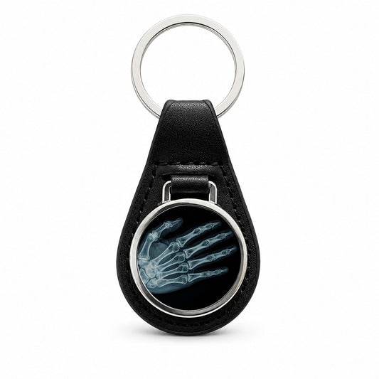 Hand X-Ray Radiograph Black Leather Metal Keychain