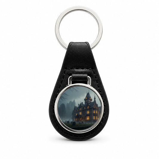 Haunted Victorian Mansion Halloween Black Leather Metal Keychain