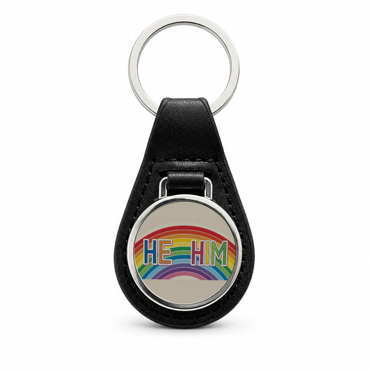 He Him Rainbow Love Pride Black Leather Metal Keychain