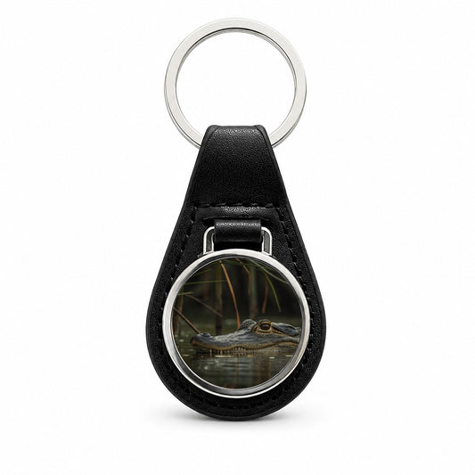 Hidden Alligator Nature Photo Black Leather Metal Keychain