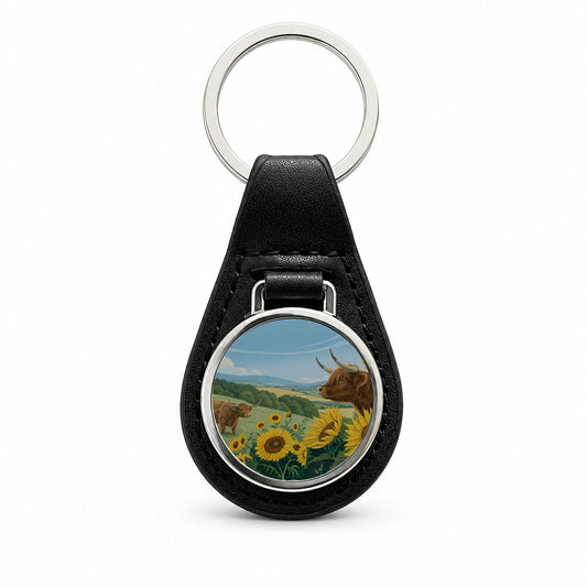 Highland Cows Sunflowers Field Black Leather Metal Keychain