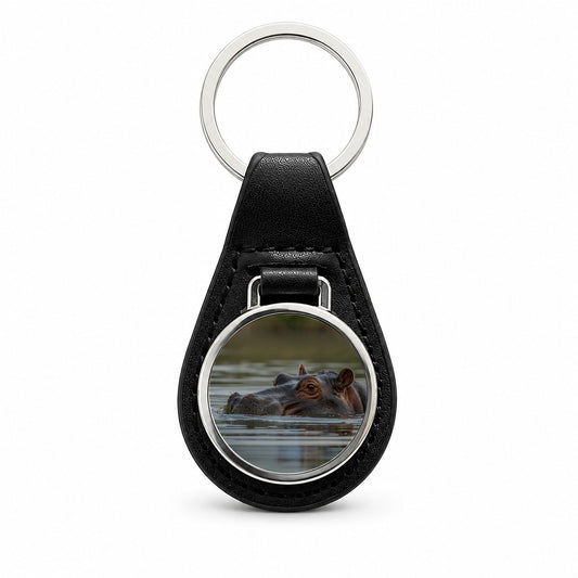 Hippo River Safari Wildlife Africa Black Leather Metal Keychain