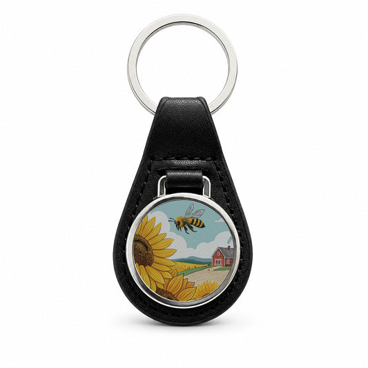 Honeybee Sunflower Farm Black Leather Metal Keychain