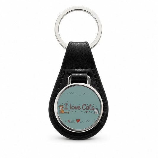I Love Cats Adorable Black Leather Metal Keychain