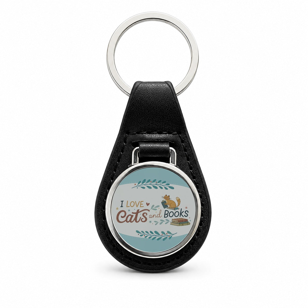 I Love Cats Books Reader Black Leather Metal Keychain