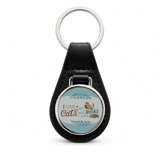 I Love Cats Books Reader Black Leather Metal Keychain