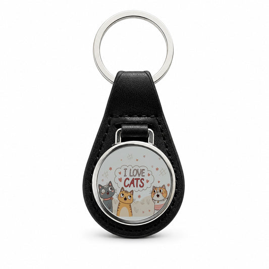 I Love Cats Cute Black Leather Metal Keychain