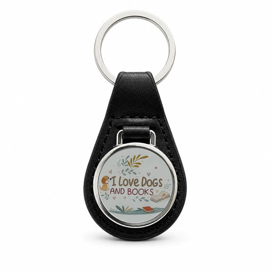 I Love Dogs Books Reading Black Leather Metal Keychain