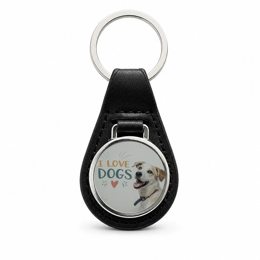 I Love Dogs Heart Black Leather Metal Keychain